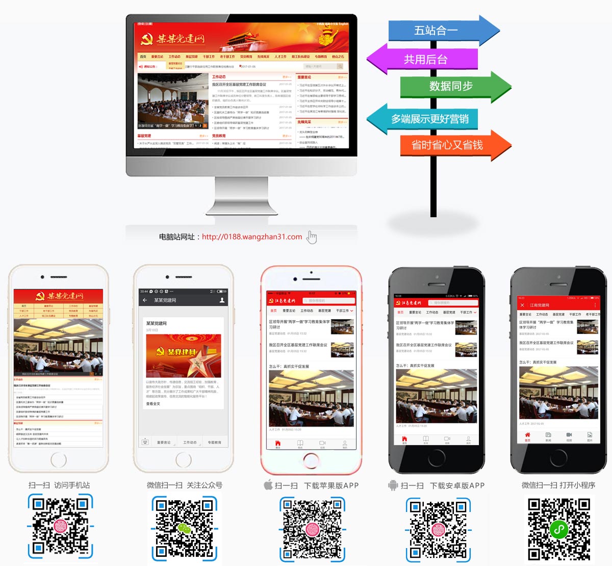 电脑站 + 手机站 + 微信公众平台 + APP + 小程序 五合一演示